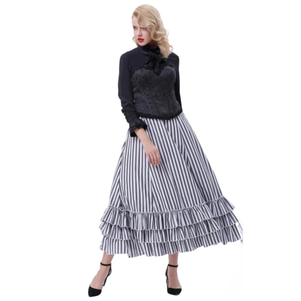 Women's Black and White Striped Maxi Skirt with Ruffle Hem